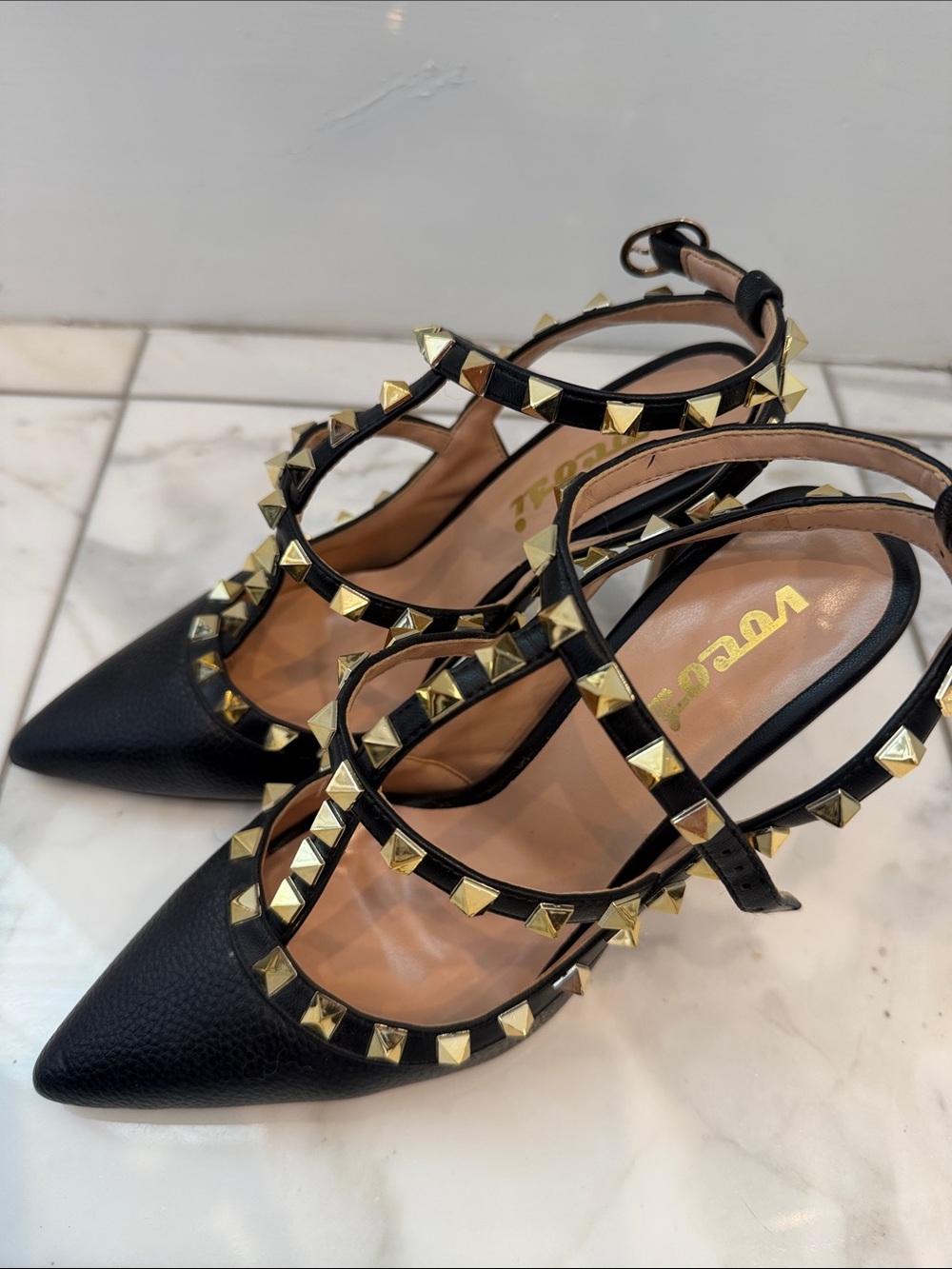 Black Studded Pointed-Toe Slingback Flats - Unbranded